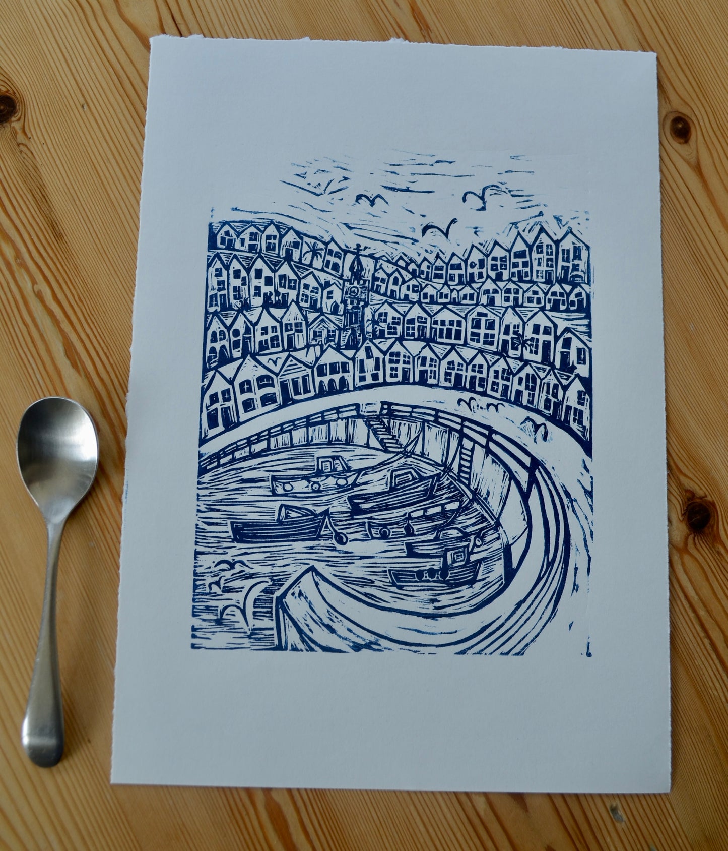 "Cornish Harbour" Unframed Lino print