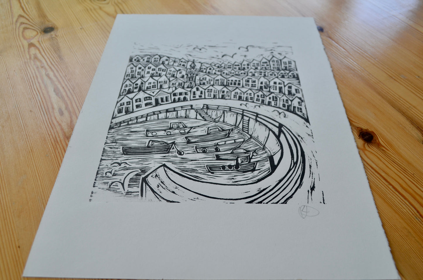 "Cornish Harbour" Unframed Lino print