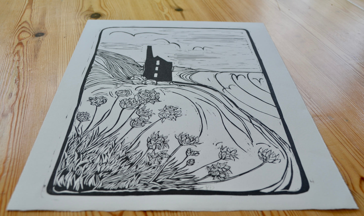 "Cornish Engine House" Medium Unframed Lino Print