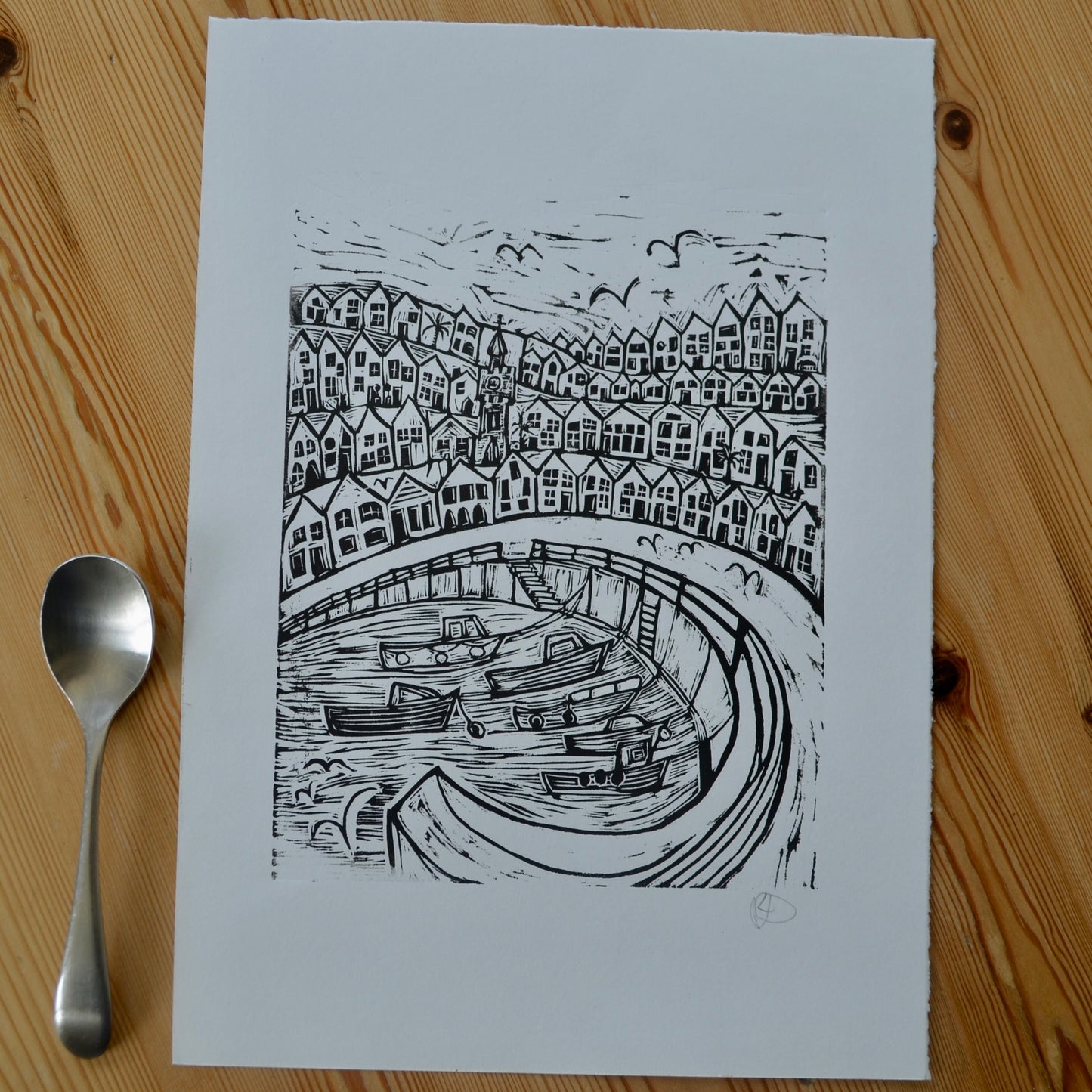 "Cornish Harbour" Unframed Lino print