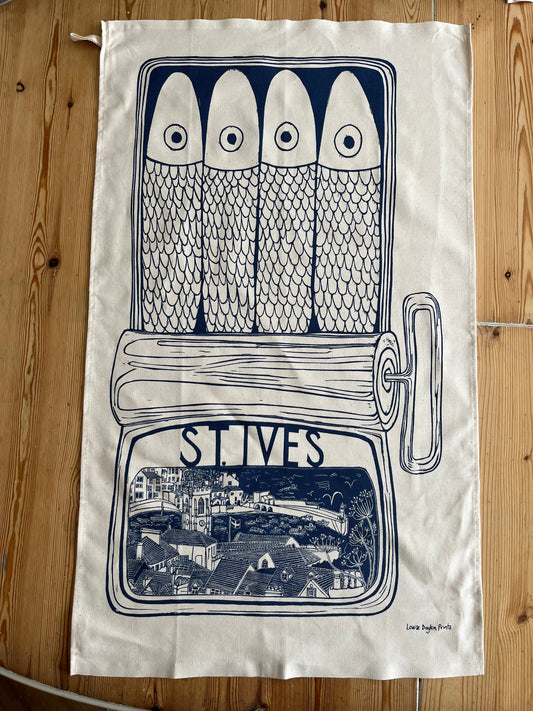 "St Ives Sardines in a tin" Organic Cotton tea towel