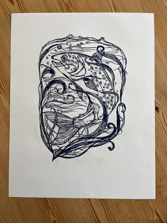 "Trout" Medium Unframed Lino Print