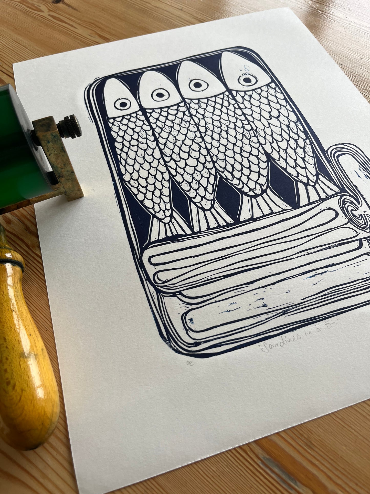 "Sardines in a tin" Medium Unframed Lino Print