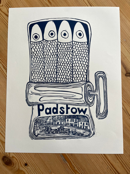 "Padstow Sardines in a tin" Medium Unframed Lino Print