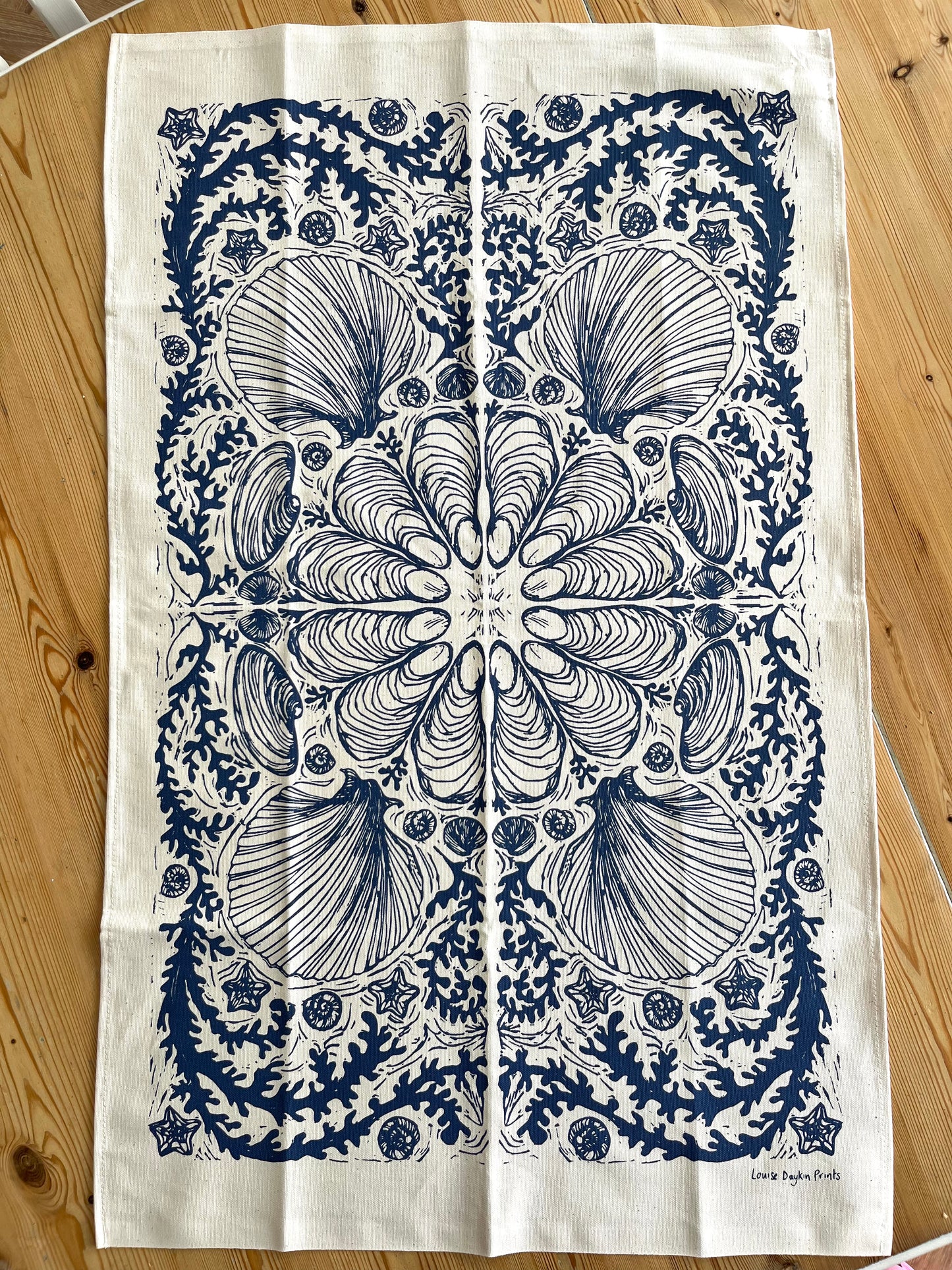 "Shells and Seaweed" Organic cotton tea towel