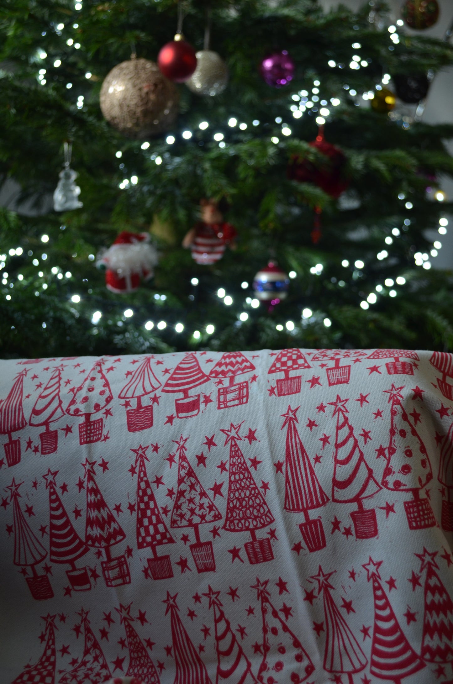 "Christmas Trees Galore" Organic cotton tea towel