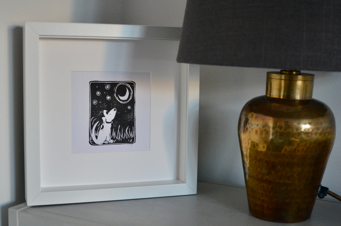 "Dog and Moon" signed original Lino-print