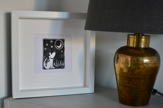 "Dog and Moon" signed original Lino-print