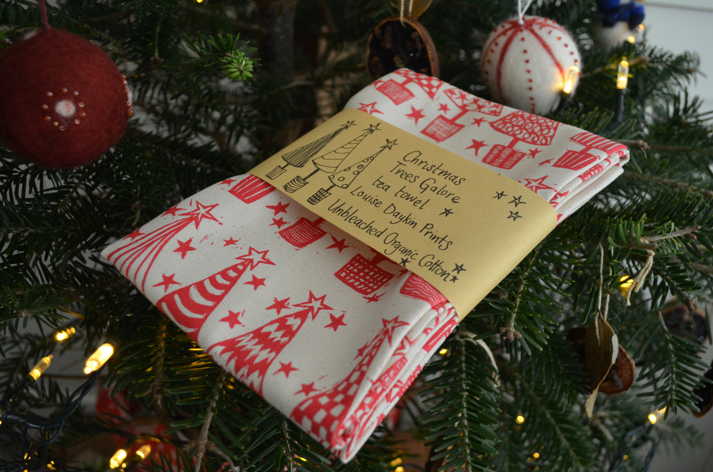 "Christmas Trees Galore" Organic cotton tea towel