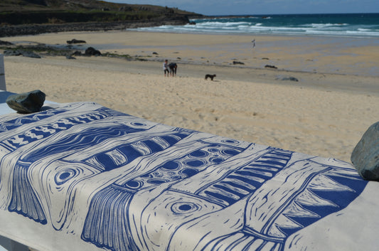 "Seven Fish in a Row" Organic cotton tea towel