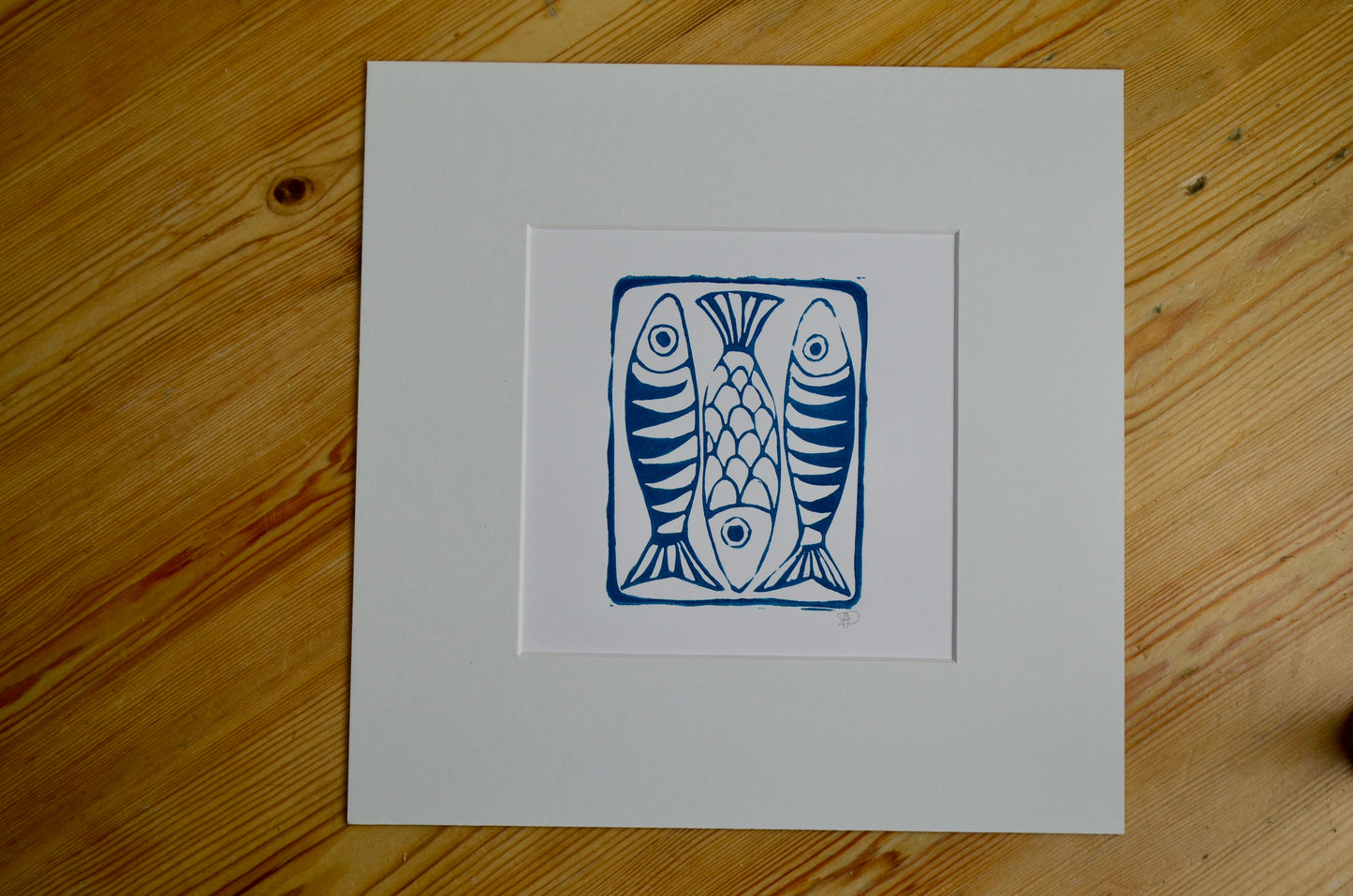 "Three Mackerel" signed Lino-Print