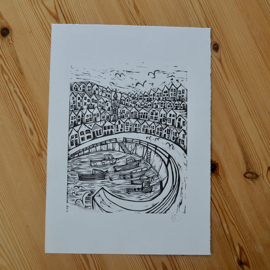 "Cornish Harbour" Unframed Lino print