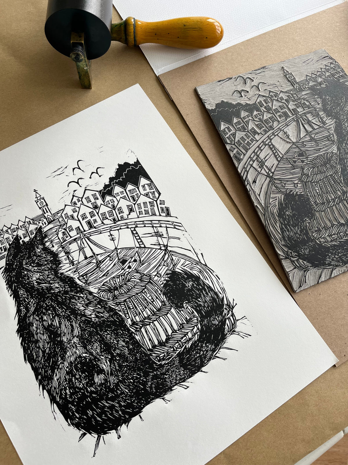 "Porthleven and Reggie" limited first edition Medium Unframed Lino Print