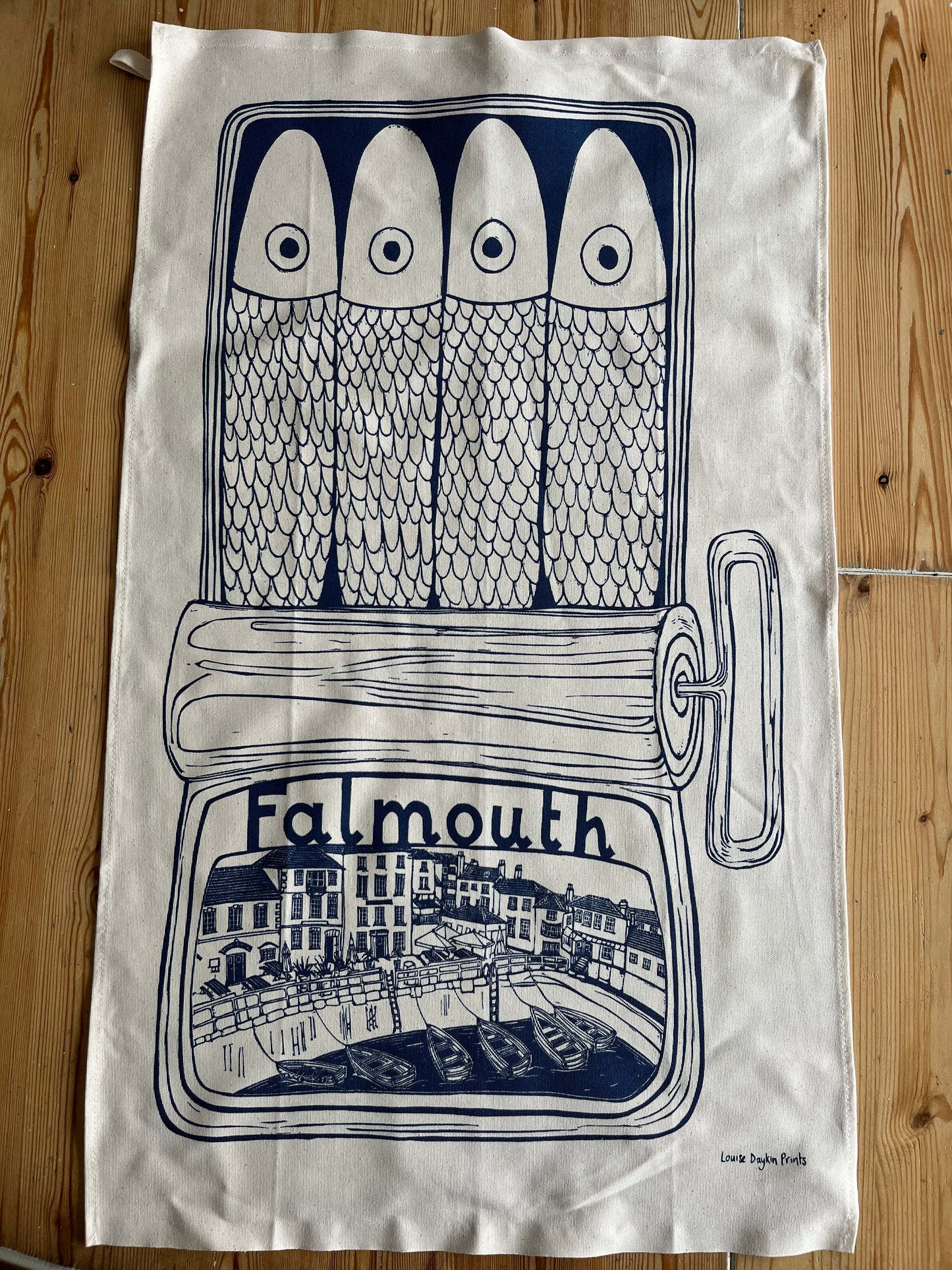 "Falmouth Sardines in a tin" Organic Cotton tea towel