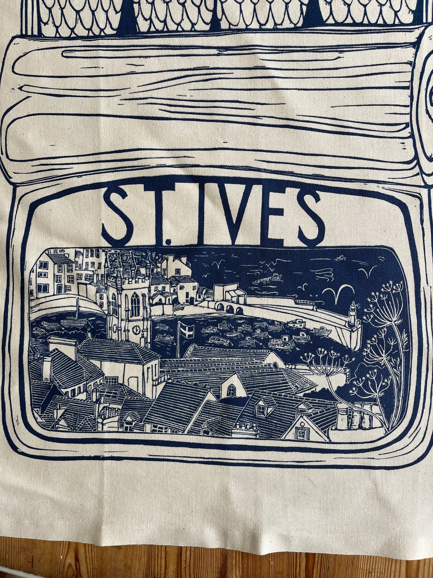 "St Ives Sardines in a tin" Organic Cotton tea towel