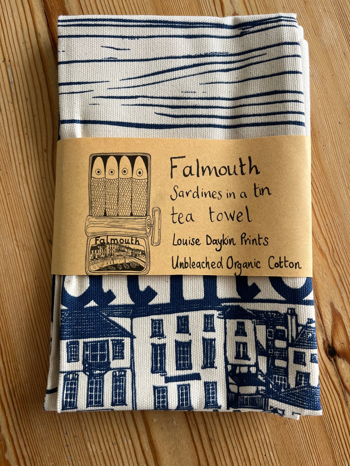 "Falmouth Sardines in a tin" Organic Cotton tea towel