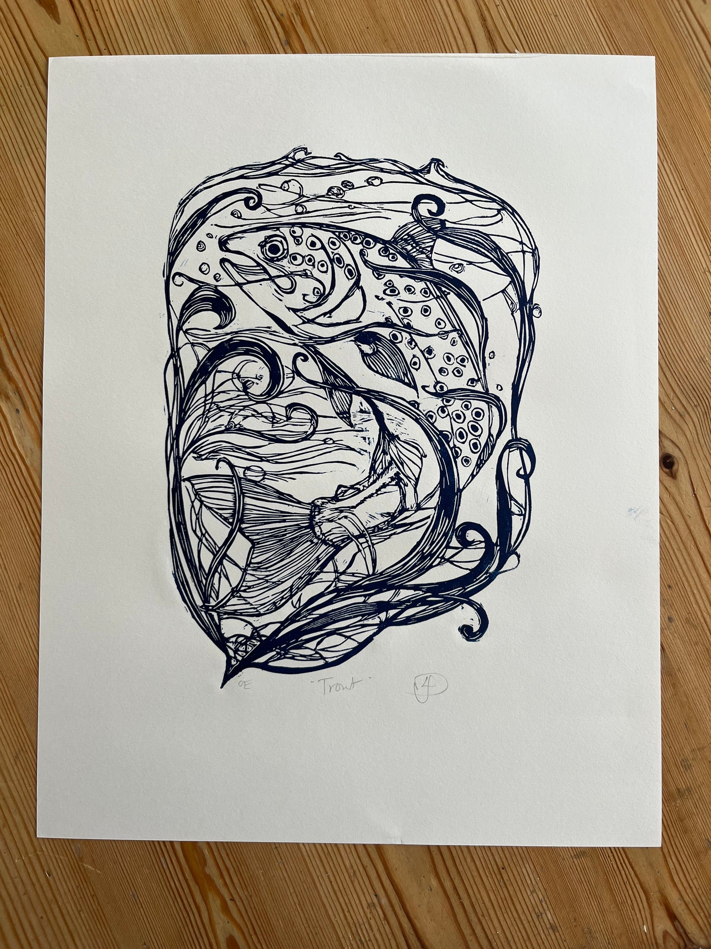 "Trout" Medium Unframed Lino Print