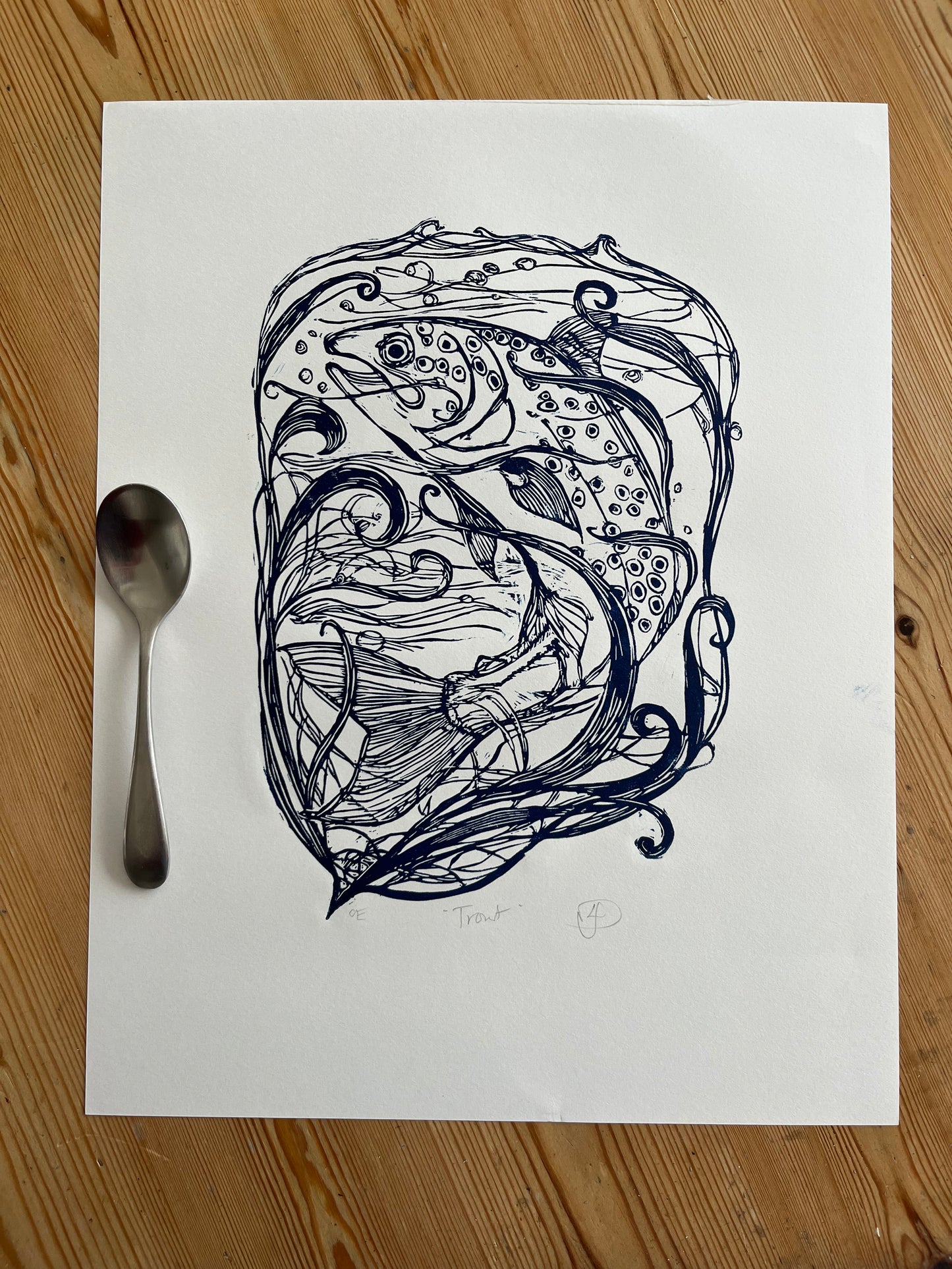 "Trout" Medium Unframed Lino Print