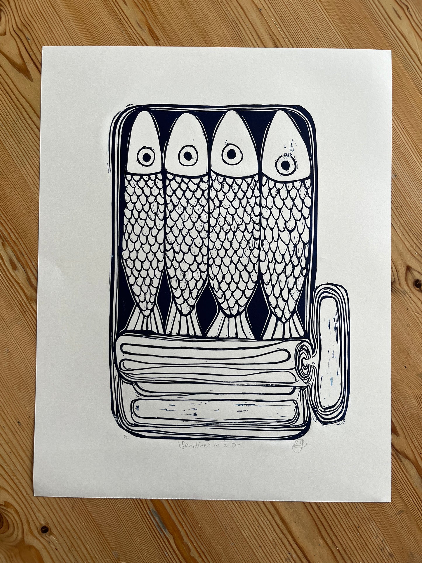 "Sardines in a tin" Medium Unframed Lino Print
