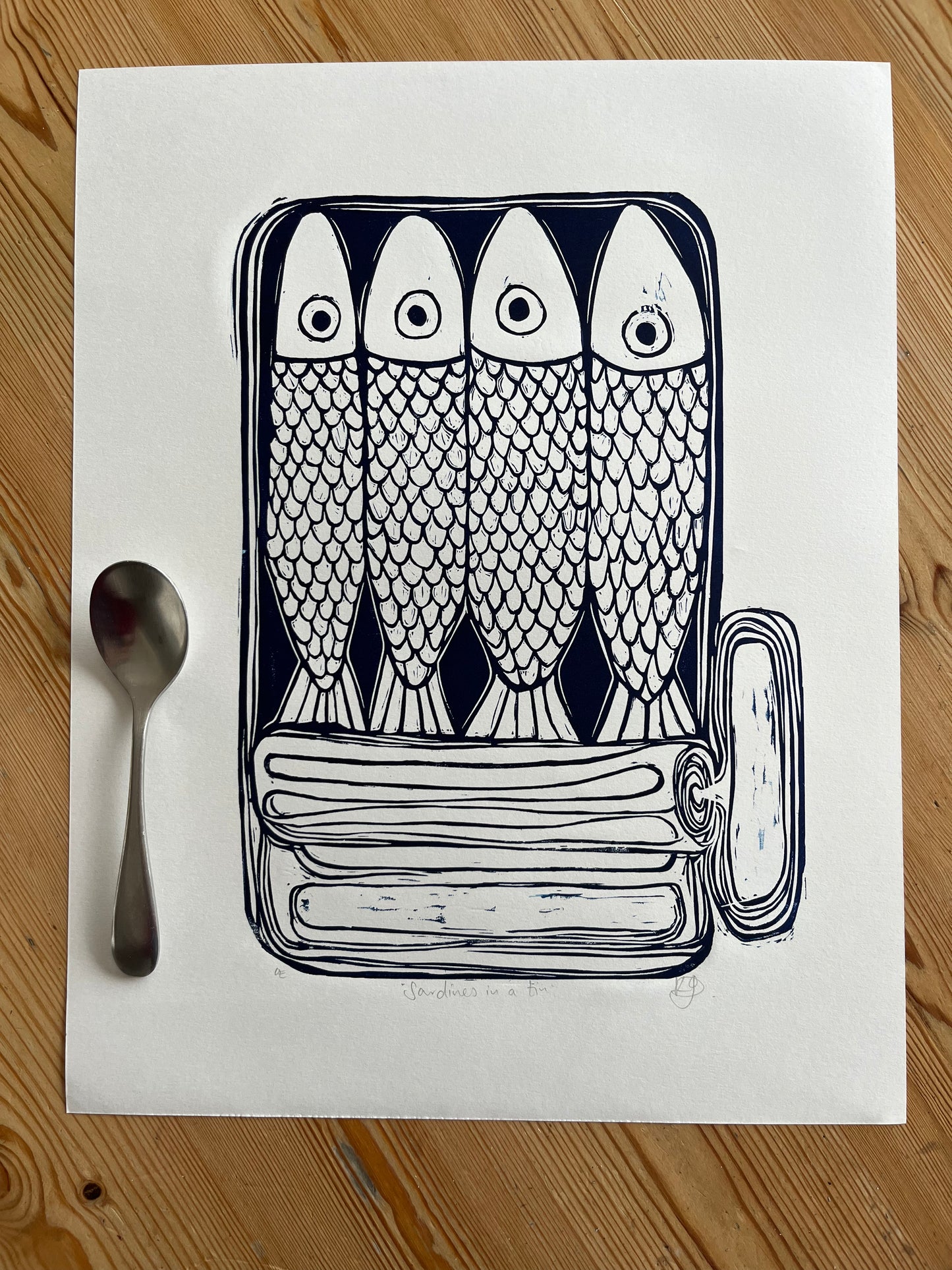 "Sardines in a tin" Medium Unframed Lino Print