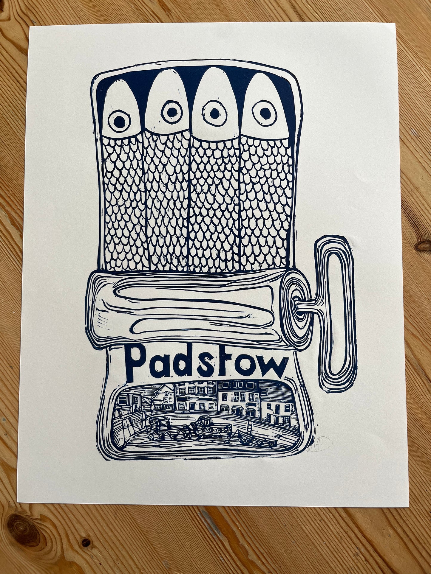 "Padstow Sardines in a tin" Medium Unframed Lino Print