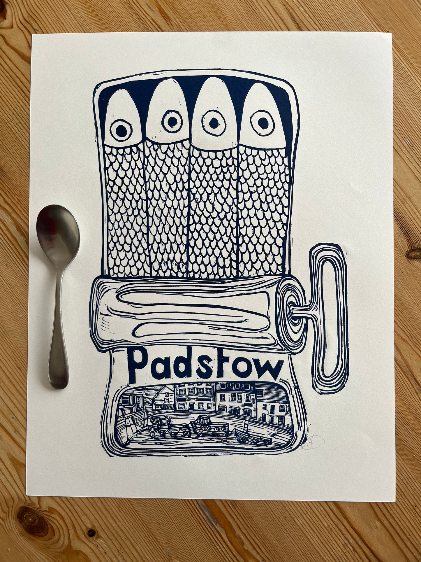 "Padstow Sardines in a tin" Medium Unframed Lino Print