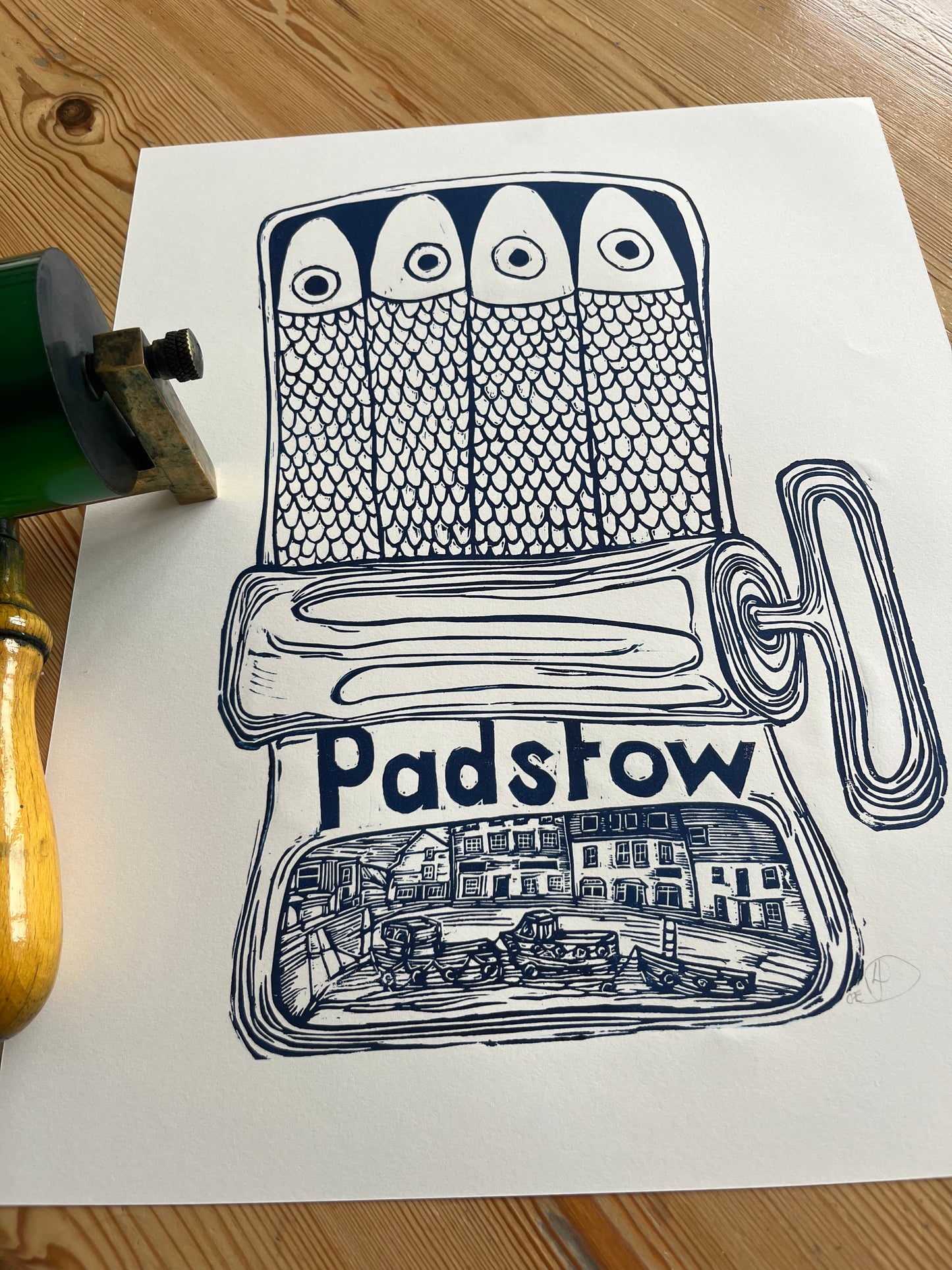 "Padstow Sardines in a tin" Medium Unframed Lino Print