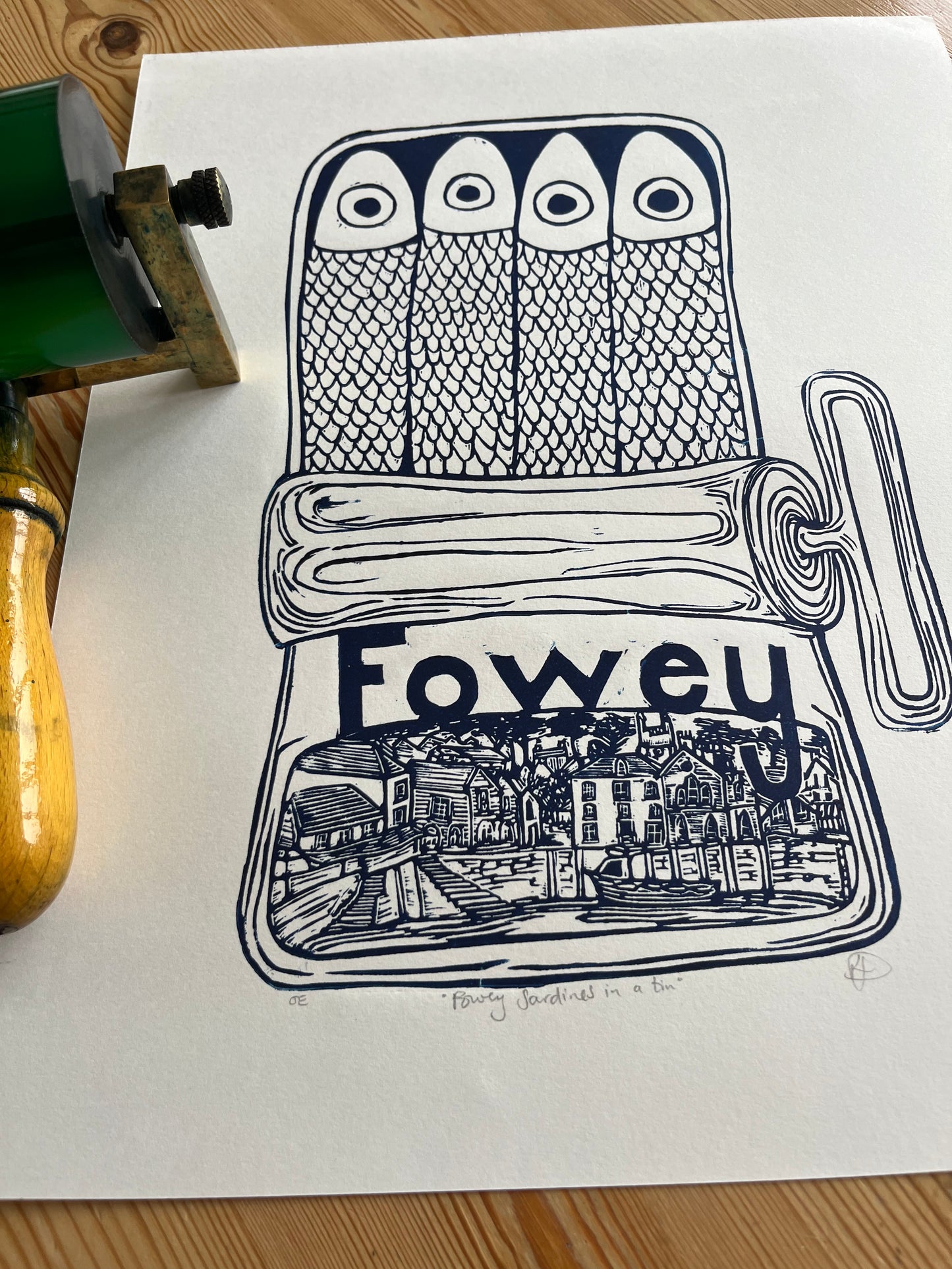 "Fowey Sardines in a tin" Medium Unframed Lino Print