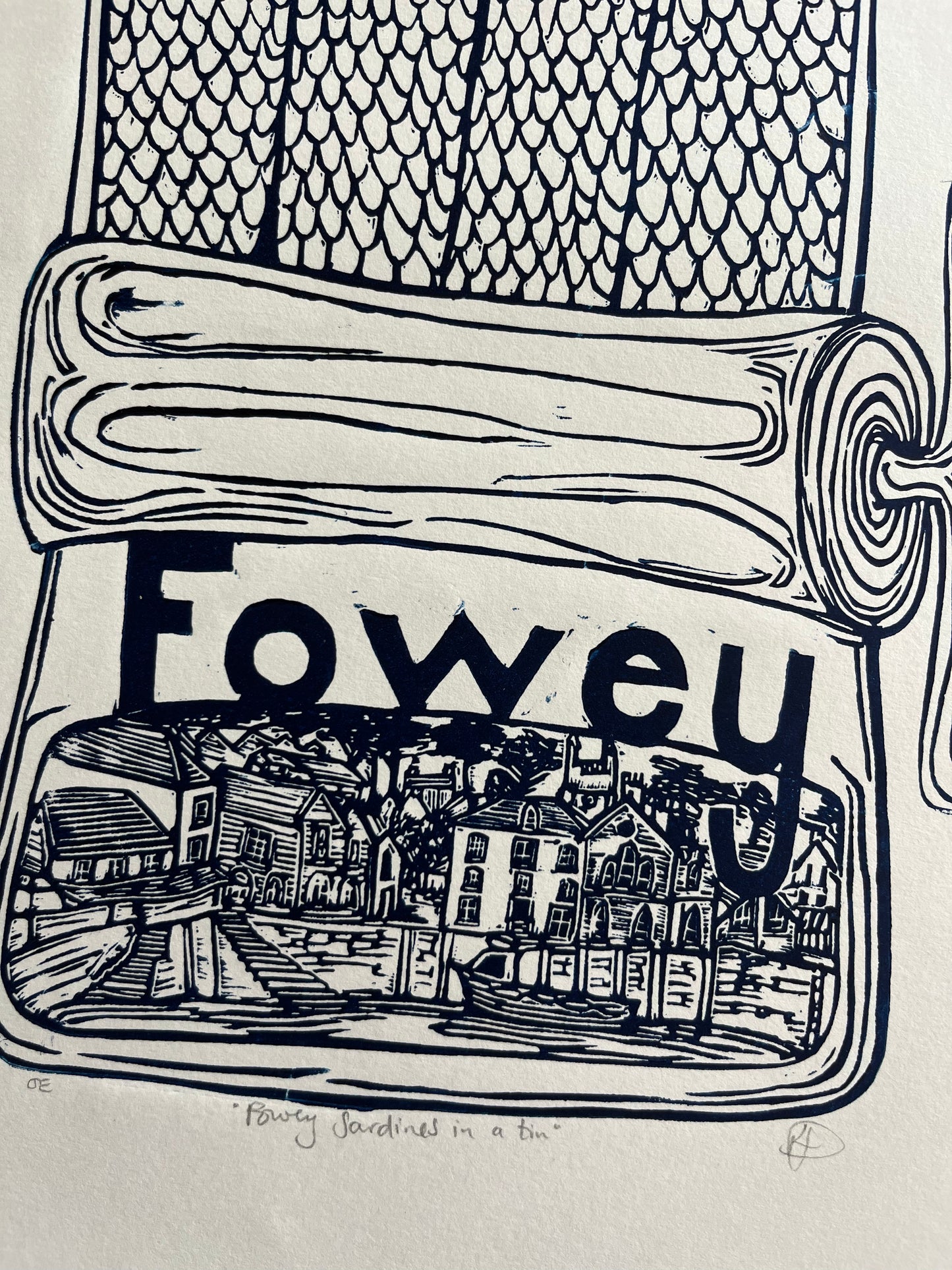 "Fowey Sardines in a tin" Medium Unframed Lino Print
