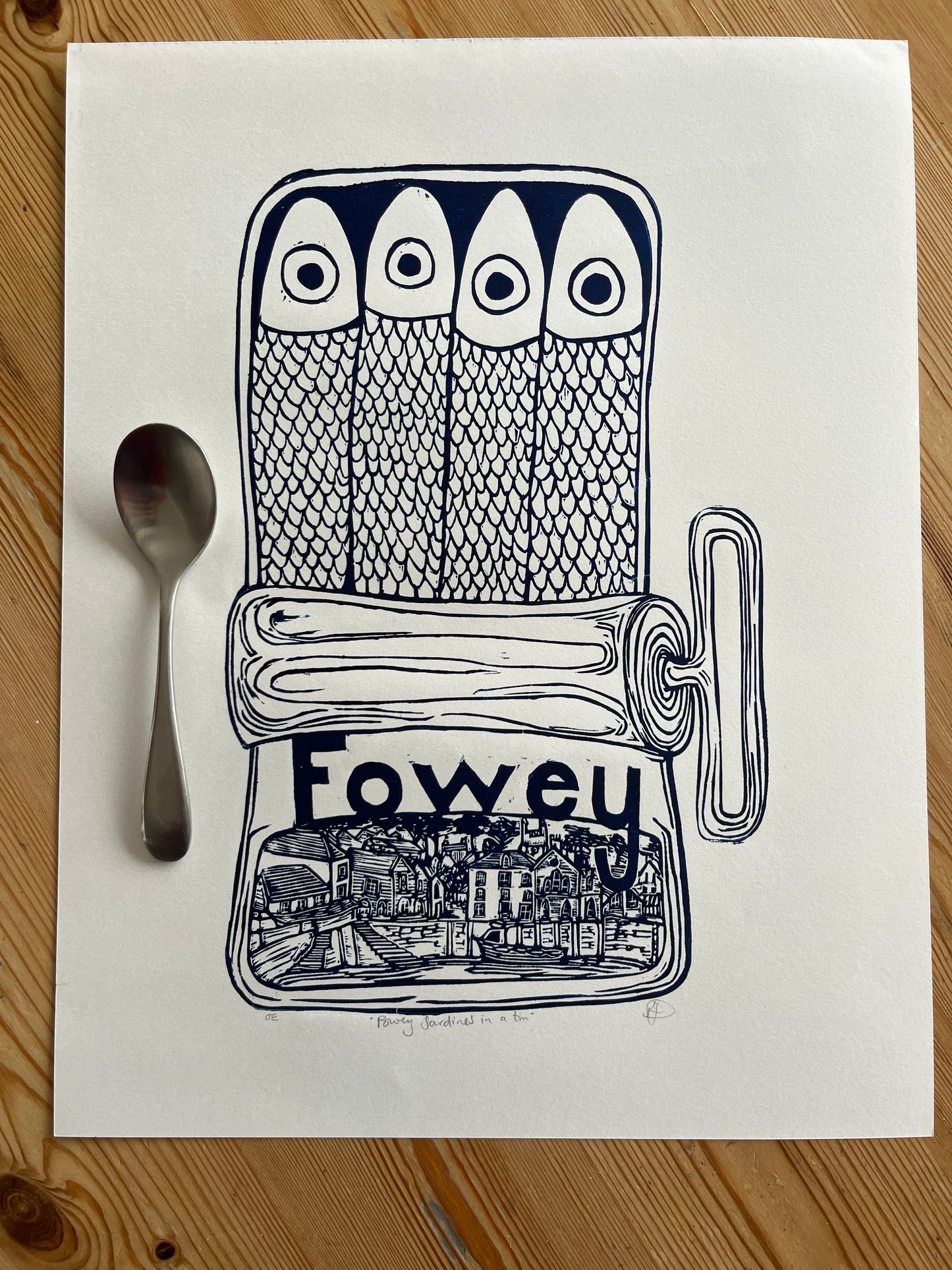 "Fowey Sardines in a tin" Medium Unframed Lino Print