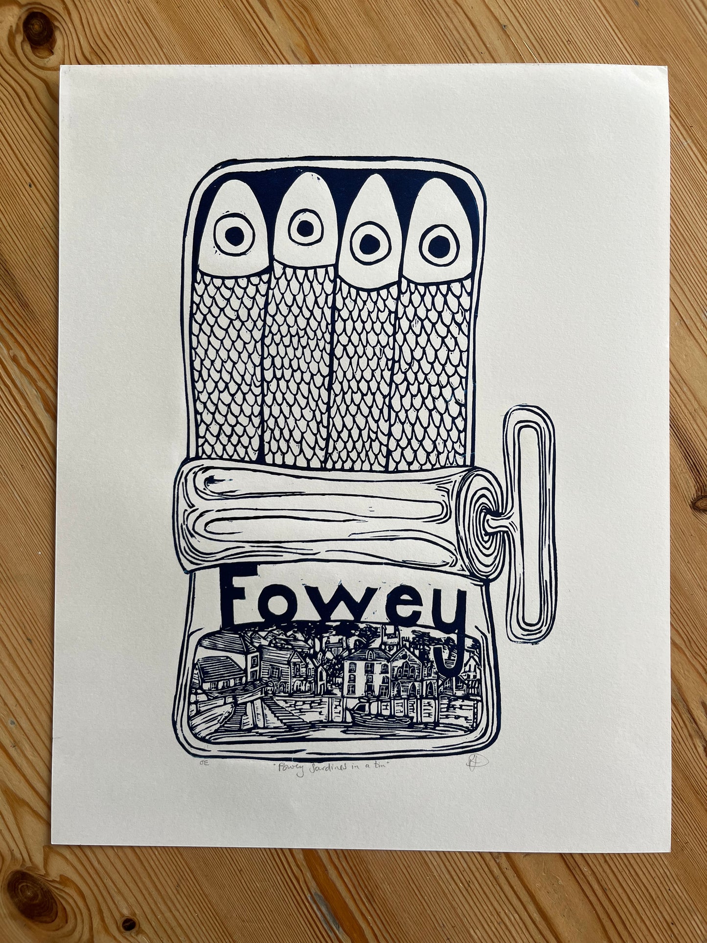 "Fowey Sardines in a tin" Medium Unframed Lino Print