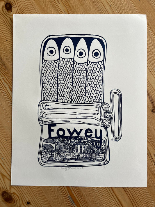 "Fowey Sardines in a tin" Medium Unframed Lino Print