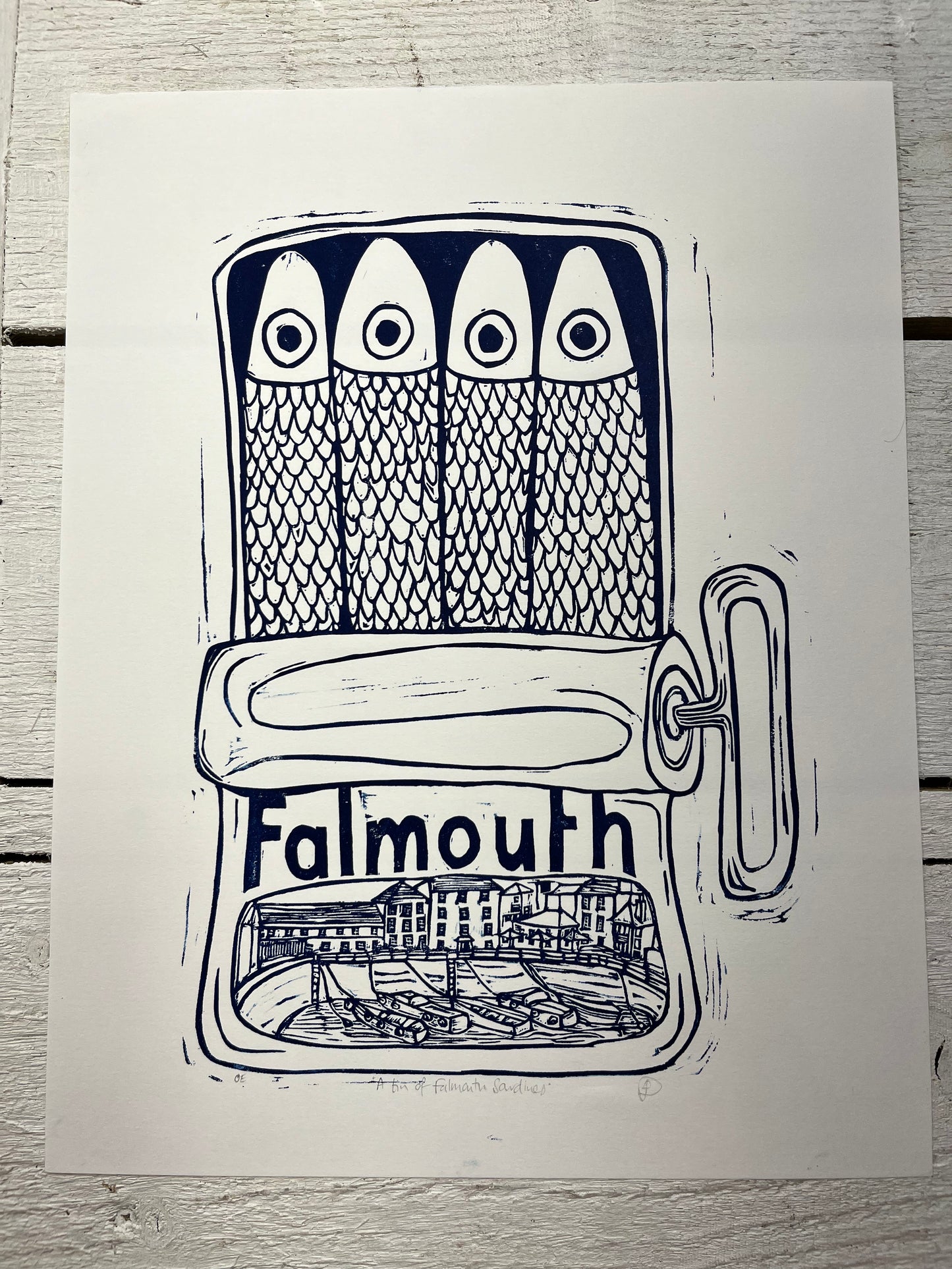 "Falmouth Sardines in a tin" Medium Unframed Lino Print