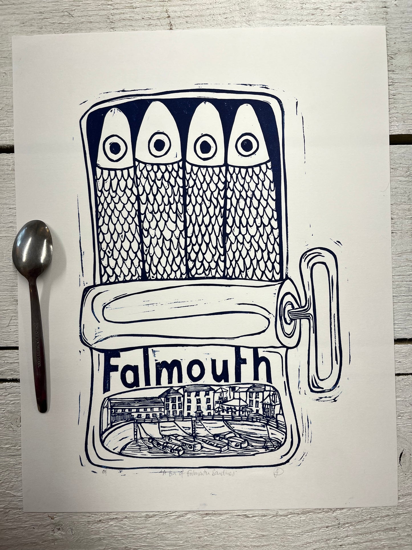 "Falmouth Sardines in a tin" Medium Unframed Lino Print