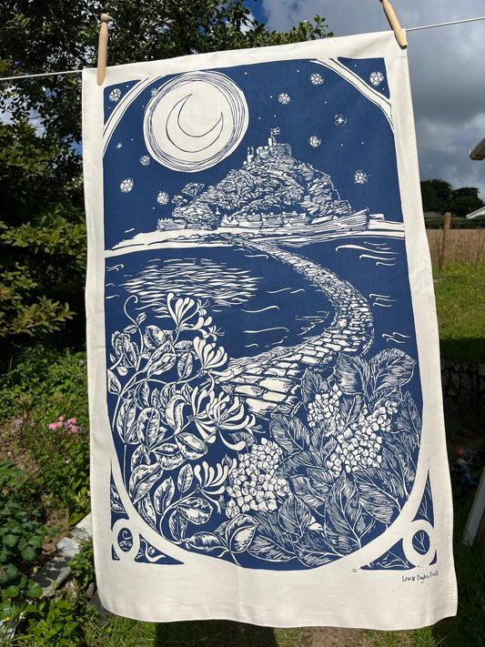 "Moonlight over St Michael's Mount" Organic cotton tea towel