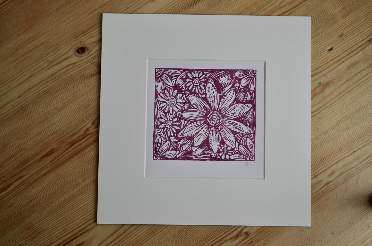 "Daisies Big and Small" signed Lino-Print