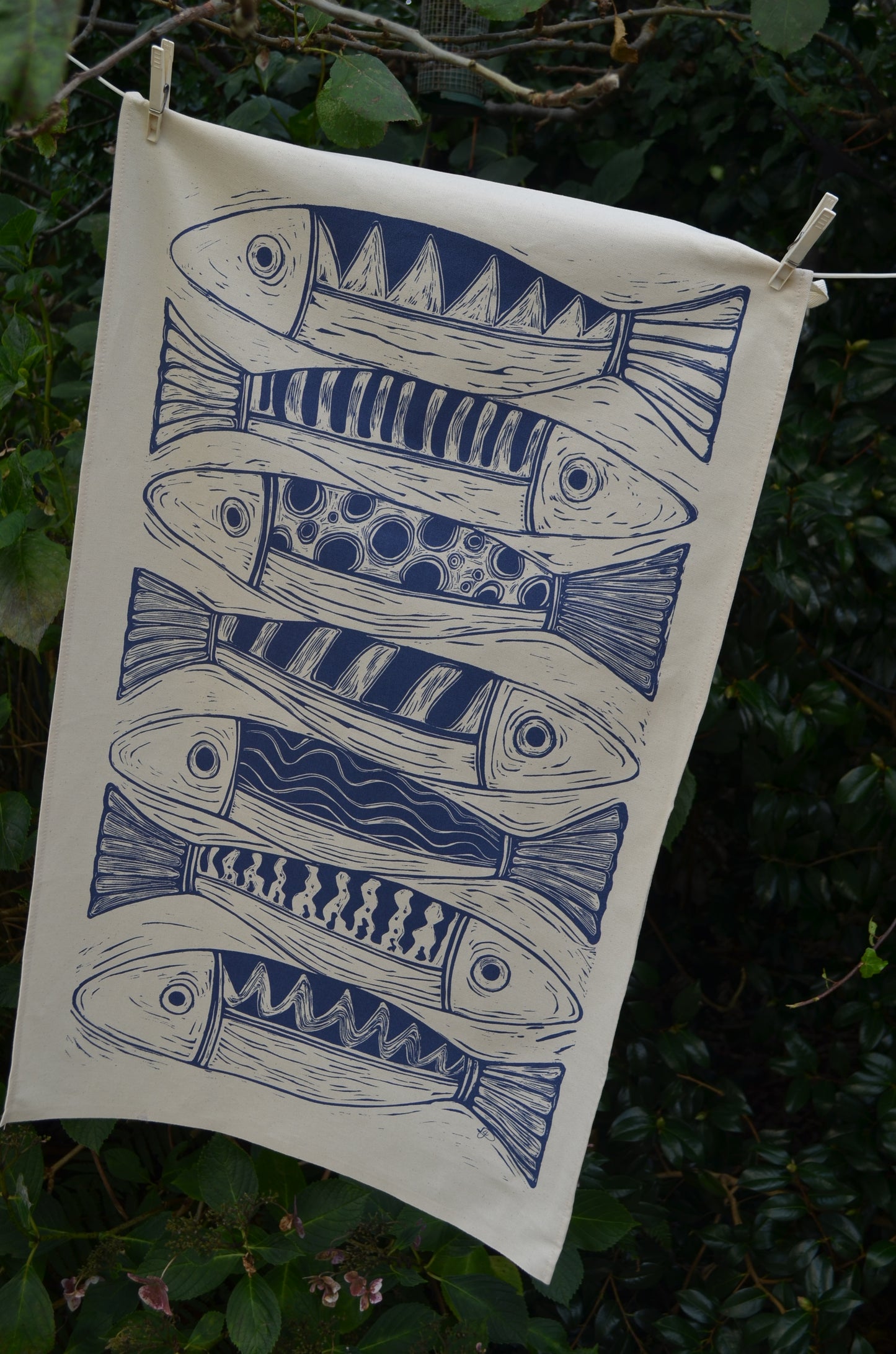 "Seven Fish in a Row" Organic cotton tea towel