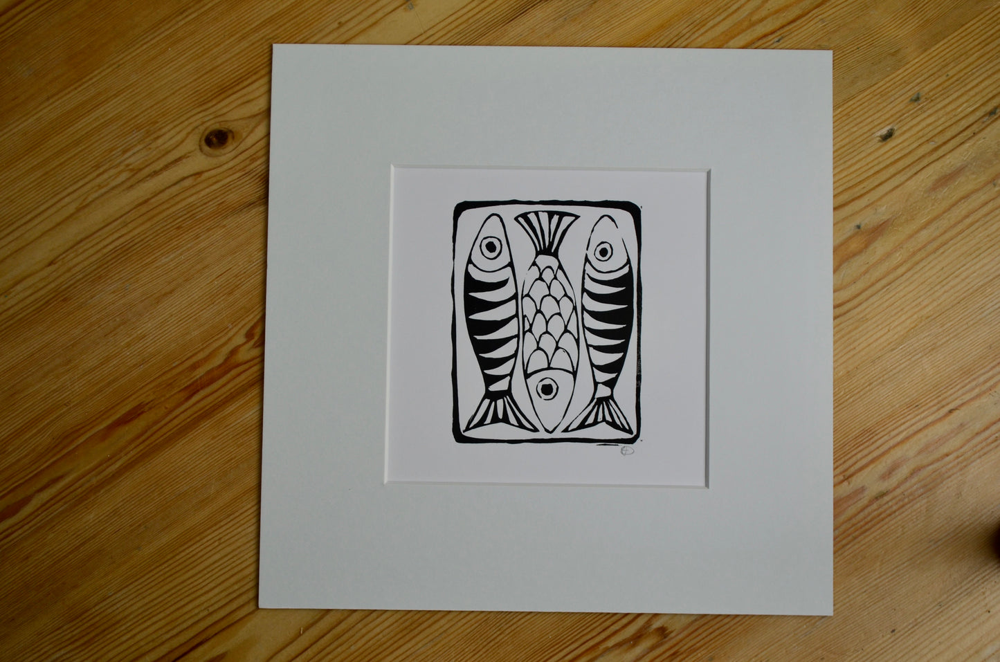 "Three Mackerel" signed Lino-Print